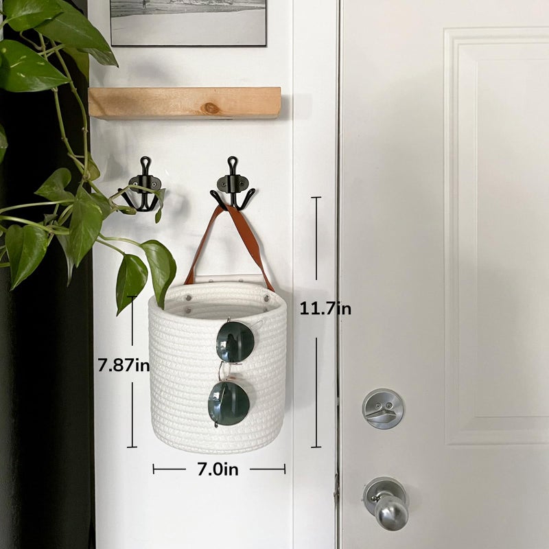 Goodpick 2pack Rope Hanging Basket - Small Round Hanging Baskets Storage for Key, Sunglasses, Wallet on Door - Modern Woven Baskets Wall Decor for Plant, White Cotton Basket 7.87 x 7 x 11.7 inches - Image 4